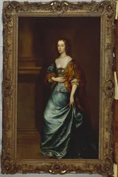 Porträt von Mary Villiers, Herzogin von Lennox und Richmond, in einem blauen Kleid und braunem Umhang bei einer Säule