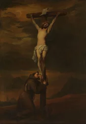 Der heilige Franziskus trauert am Fuße des Kreuzes