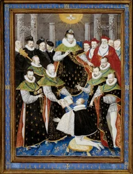 König Heinrich III. (1551-1589) leitet die erste Zeremonie des Ordens des Heiligen Geistes im Jahr 1587 Miniatur von William Richardiere (16. Jahrhundert) nach Antoine Caron (1521-1599) 1587 Chantilly, Musee Conde