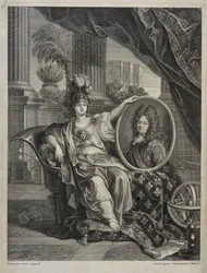 Ludwig XIV., König von Frankreich, Beschützer der Wissenschaften - Gravur von Antoine Coypel Geschichte der Königlichen Akademie der Wissenschaften, Jahr 1703