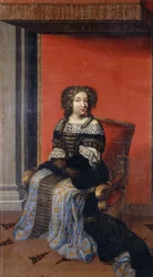 Porträt von Königin Maria Theresia, ganzsitzend, in einem juwelenbesetzten schwarzen Mieder mit Spitzenkragen und einem blau-goldenen Rock, auf einem Thron