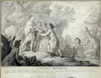 Das Kind findet, Illustration aus den „Briefen eines amerikanischen Farmers“ von Saint John de Crevecoeur, Lithographie von Antoine Borel, ca. 1783