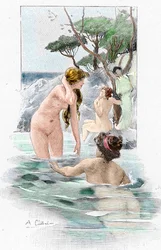Odyssee von Homer: Nausikaa, Tochter des Königs Alkinoos, und ihre Dienerinnen waschen ihre Kleider im Fluss. Illustration von Antoine Calbet (1860-1944) für die Odyssee von Homer, 1897, Privatbesitz