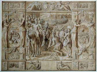 Die Unterwerfung von Mailand. Die Truppen von Franz I. eroberten die Stadt Mailand nach dem Sieg in der Schlacht von Marignano im Jahr 1515. Zeichnung in Feder und Tinte von Antoine Caron, 16. Jahrhundert Paris, Louvre Museum