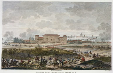 Die Schlacht von La Favorite, 25. Nivose, Jahr 5 (Januar 1797) graviert von Jean Duplessi-Bertaux (Aquatinta)