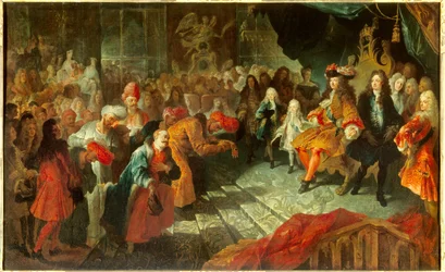 König Ludwig XIV. empfängt den außerordentlichen Botschafter Persiens Mehemet Reza Bey in der Spiegelgalerie in Versailles