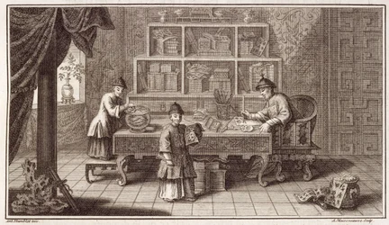 Ein chinesischer Kalligrafieladen, aus einem Bericht über die niederländische Botschaft in China, graviert von A. Maisonneuve, ca. 1670er Jahre