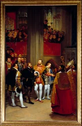 Karl V. wird von Franz I. in der Abtei von Saint Denis im Jahr 1540 empfangen. Gemälde von Antoine Jean Gros (1771-1835)