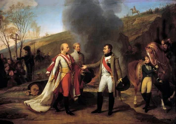 Interview von Napoleon I. (1769-1821) und Franz II. (1768-1835) in Sarutschitz in Mähren nach der Schlacht von Austerlitz, 4.12.1805. Links hinter Franz II., Johann I. von Liechtenstein (1760-1836).