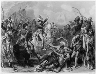Napoleon Bonaparte in der Schlacht bei den Pyramiden, graviert von Jean Jacques Frilley (geb. 1797)