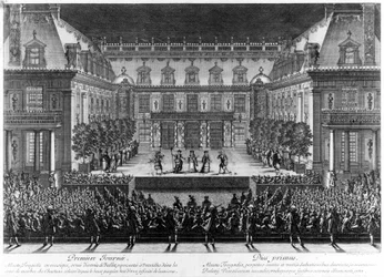Darstellung im Marmorhof des Schlosses von Versailles von „Alceste“ von Jean Baptiste Lully (Giovanni Battista Lulli) (1632-1687) für die Feierlichkeiten anlässlich der Wiederbelebung der Franche Comté (1674). Gravur von Le Pautre (16