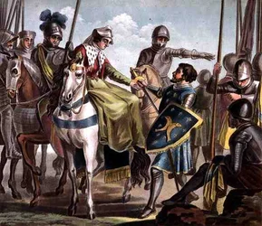 Jeanne de Navarre (1271-1304) nimmt den Grafen von Bar gefangen, graviert von Jean Baptiste Morret (fl. 1790-1820) 1788 (farbige Gravur)