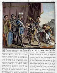 Montmorency wird Philipp Augustus (1165-1223) nach der Schlacht von Bouvines vorgestellt, graviert von Jean Baptiste Morret