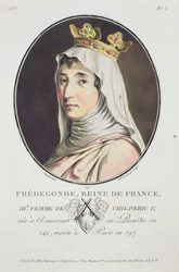 Fredegonde, Königin der Franken, aus Portraits des Grands Hommes, femmes illustres, et sujets memorables de France, grave et imprimes en couleurs, veröffentlicht von Pierre Blin, 1786-92, Paris