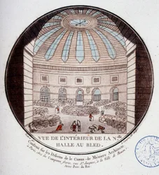 Ansicht des Inneren der neuen Markthalle, gebaut von Le Camus de Mézières zwischen 1763 und 1766, heute die Börse in Paris. In malerischen Ansichten der Hauptgebäude von Paris von Sergeant