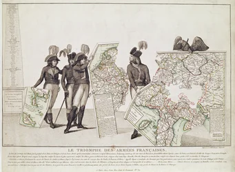 Der Triumph der französischen Armeen, Napoleon und seine Generäle halten Karten ihrer Siege zur Zeit des Friedens von Loeben, 18. April 1797, ca. 1797