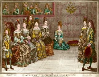 Tanz im vierten Schlafzimmer der Wohnungen der Familie von Ludwig XIV. (1638-1715) während der Abende des Apartments in Versailles um 1696