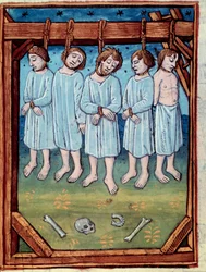 Fünf Männer gehängt. Miniatur in „Chroniken von Saint Denis“ Paris, Antoine Verard