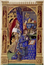 Der König von Frankreich Ludwig XII. (1462-1515) im Gebet mit Karl dem Großen hinter ihm - Miniatur von Antoine Verard (1485-1512) in "Das Stundenbuch von Karl VIII."
