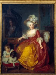 Porträt von Madame Vestier (1740-1831) mit einem Kind zu ihren Füßen, das einem Hund ins Ohr kneift