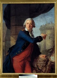 Porträt von Jean Henri Masers, Ritter von Latude, zeigt auf die Zerstörung der Bastille, wo er wegen eines Anschlagsversuchs auf Madame de Pompadour inhaftiert war