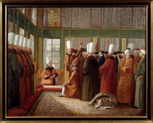 Osmanisches Reich: „Empfang eines im Dienst König Ludwigs XVI. stehenden französischen Botschafters in der Türkei durch den Großwesir“, 18. Jahrhundert, Marseille, Musée de la Marine - Osmanisches Reich: Empfang eines französischen Botschafters