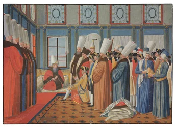 Die Vorstellung des Grafen de Vergennes, Botschafter von Ludwig XV., bei Reis Effendi, Großwesir des osmanischen Sultans Uthman III. am 31. Mai 1755
