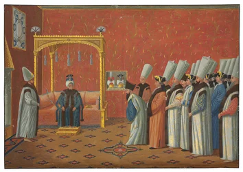 Die Vorstellung des Grafen de Vergennes, Botschafter von Ludwig XV., beim Sultan Uthman III. im Thronsaal des Topkapi-Palastes am 3. Juni 1755