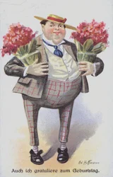 Geburtstagskarte mit einem Mann, der Blumensträuße trägt