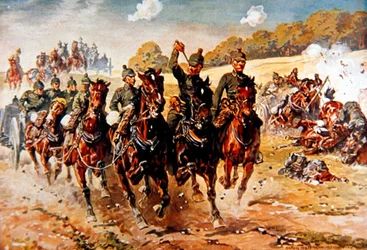 Deutsche Feldartillerie galoppiert unter Beschuss in Aktion