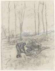 Bauer bei der Arbeit mit einer Schubkarre im Wald