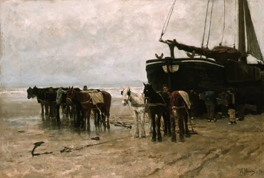 Bomschuit mit Schlepppferden am Strand von Scheveningen