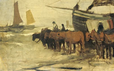 Das zu Wasser lassen eines Fischerkutters