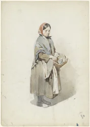 Stehende Frau mit Kopftuch und Korb