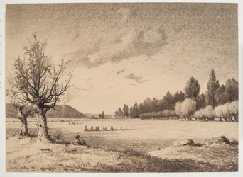 Offene Landschaft mit einem Wald in der Ferne. Burgund