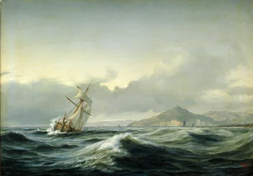Meereslandschaft mit Segelschiff in stürmischer See. Im Hintergrund eine felsige Küste