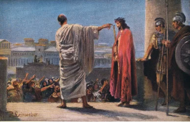 Jesus vor Pilatus, aus Hulberts Geschichte der Bibel, veröffentlicht von The John Winston Company, 1932