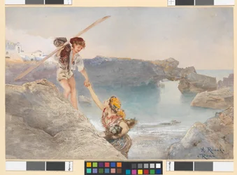Italienischer Fischerknabe und Fischermädchen an der Felsküste von Capri