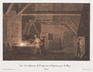 Innenansicht einer Schmiede bei Huy, Belgien, graviert von Jean-Baptiste Jobard