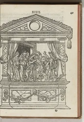 Dritte verzierte Bühne mit Szene: Der Prinz befreit die Tugenden aus der Gefangenschaft, 1577