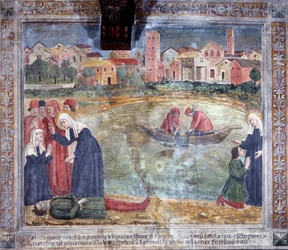 Leben der Heiligen Francesca Romana: Ein Mann wird von der Heiligen wiederbelebt, nachdem er im Tiber ertrunken ist