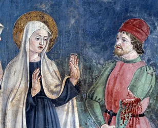 Leben der heiligen Francesca Romana: Bei ihrer Rückkehr von St. Johannes Lateran heilt die Heilige einen Mann mit einem abgeschnittenen Arm (Detail)