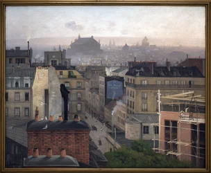 Paris von Montmartre aus gesehen. An der Wand eines der Gebäude eine Werbung für „Die kleine Zeitung“