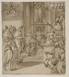 Ein Kardinal der Familie Barbarigo wird vom Papst empfangen. Studie für ein Fresko in der Villa Barbarigo, Noventa Vicentina