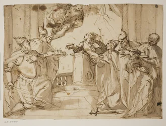 Vier Dogen und ein Mann in einem Mantel mit der Dogenkappe in den Händen, mit der Verkündigung (?) im Hintergrund