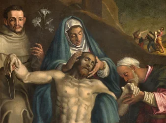 Nordquerhaus, Altar der Grablegung, Grablegung Christi unterstützt von der Jungfrau und den Heiligen Raymond und Antonius von Padua, Antonio Campi 1566, Detail (Altarbild)