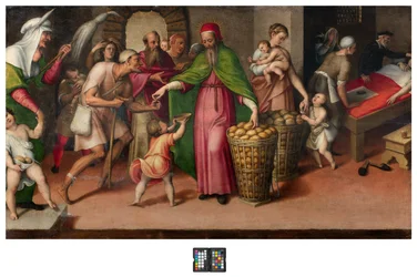 Sakristei, Antonio Campi, Nächstenliebe von San Facio 1568, Originaltisch der Reproduktion auf dem Altar von San Facio