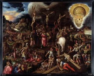 Szenen der Passion: Gebet im Garten Gethsemane, Verrat durch Judas, Verhaftung Christi, Verspottung Christi, Aufstieg nach Golgatha (Kreuzweg), Kreuzigung, Auferstehung... Gemälde von Antonio Campi (1526-1587)