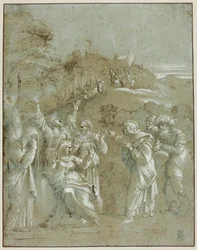 Die Jungfrau, die heiligen Frauen und die Heiligen Johannes, Jakobus und Joseph von Arimathäa mit Christus auf dem Weg nach Golgatha