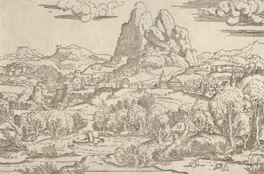 Landschaft vom Rahmen Venus schiebt Amor, 1540-45